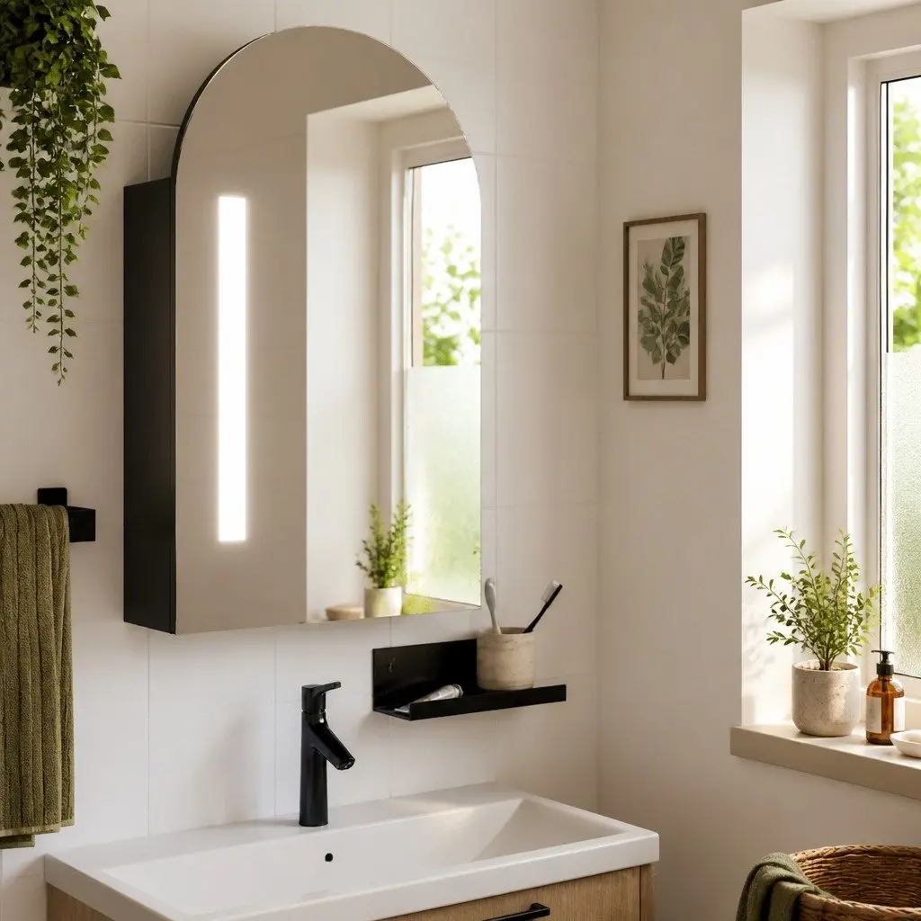Bathroom Mirror Cabinet LED Light Wall-Mounted Storage 42W x 13D x 70H cm Black