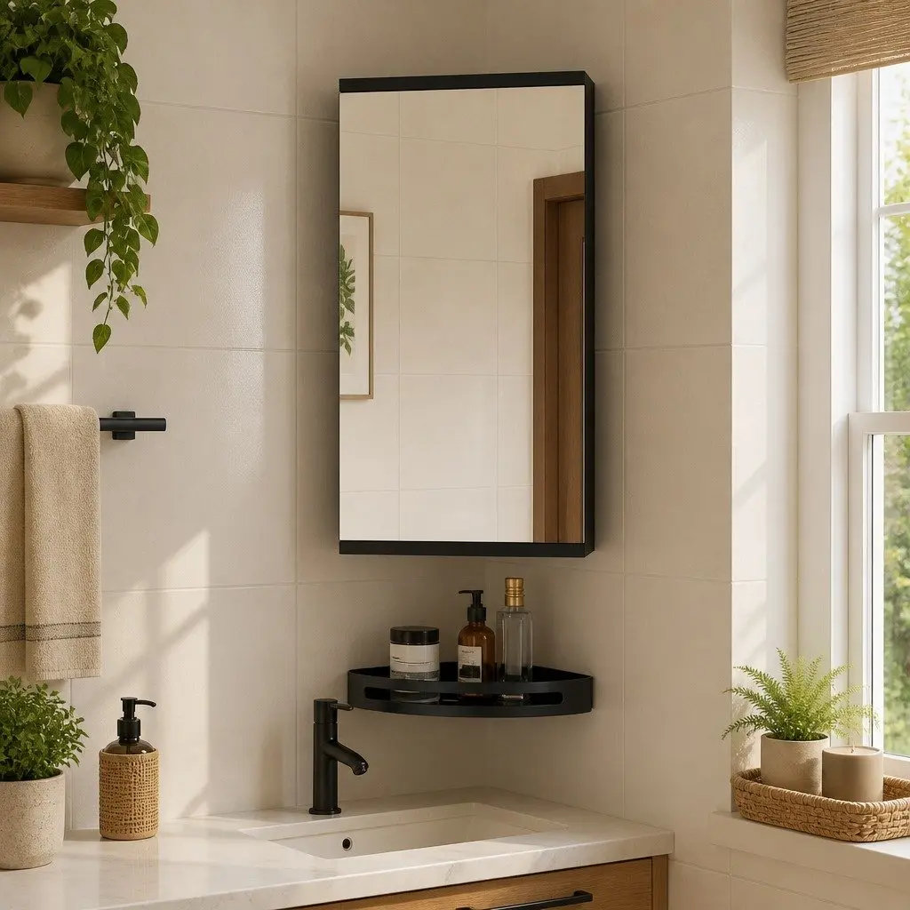 Corner Bathroom Mirror Cabinet Wall-Mounted Storage 30x24x60cm Black