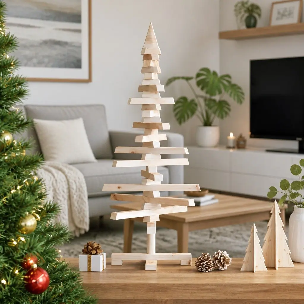 Wooden Christmas Tree Decoration 90cm Rustic Solid Pine Wood Holiday Home Decor