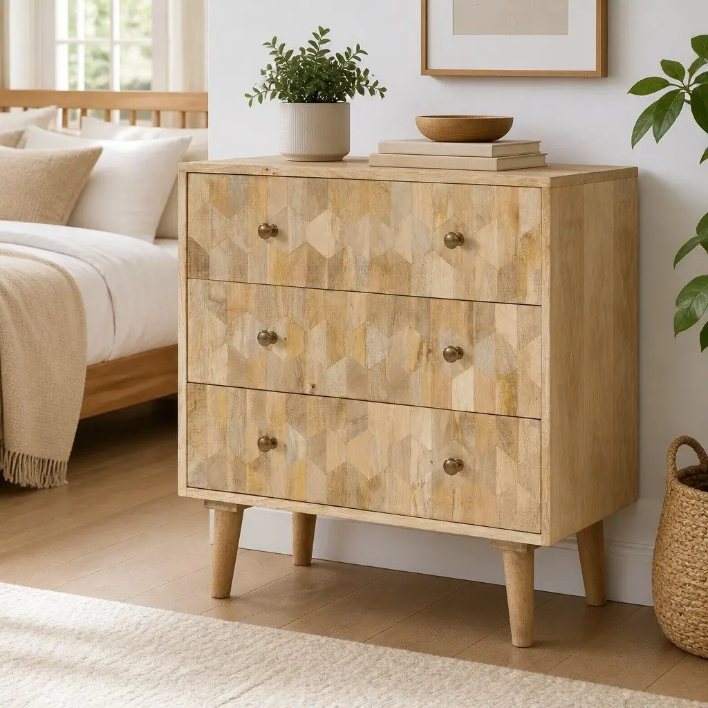 Drawer Cabinet Storage Chest 3 Drawers Solid Wood Mango Brown Retro Style