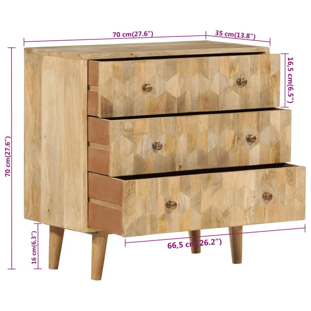 Drawer Cabinet Storage Chest 3 Drawers Solid Wood Mango Brown Retro Style