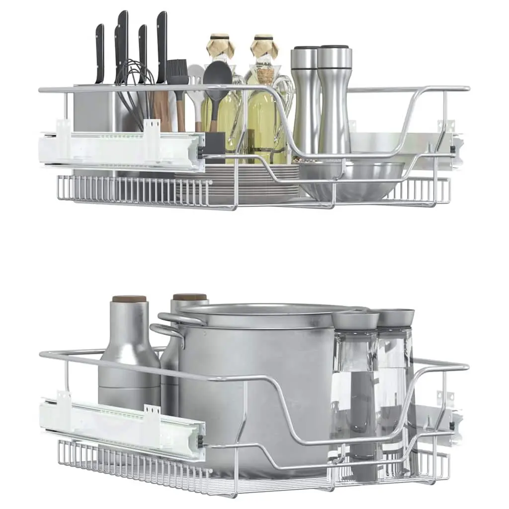 Pull-Out Wire Kitchen Storage Baskets 2 pcs Silver 45cm Cabinet Organiser