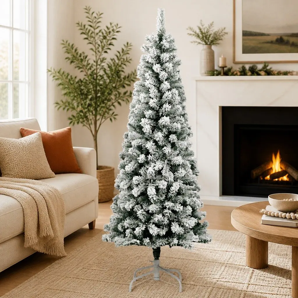 Artificial Christmas Tree Hinged 180cm White Flocked Snow Seasonal Holiday Decor