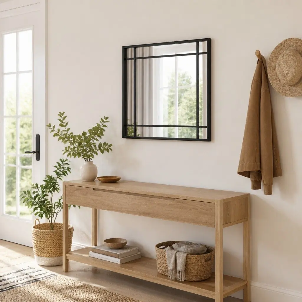 Square Wall Mirror Black 40x40 cm Iron Frame Minimalist Home Decor