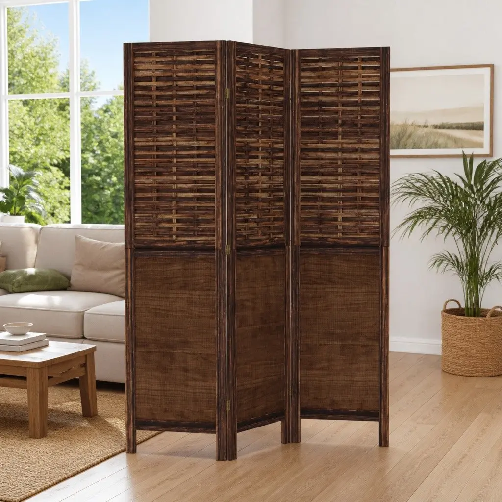 Room Divider Privacy Screen 3 Panels Brown Folding Wood Frame Indoor Partition