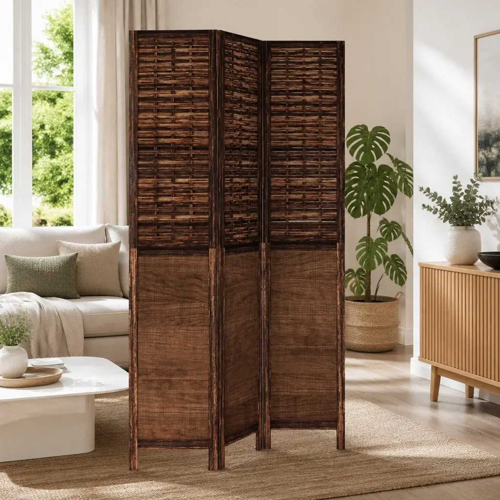 Room Divider 3 Panel Folding Privacy Screen Wooden Partition Brown