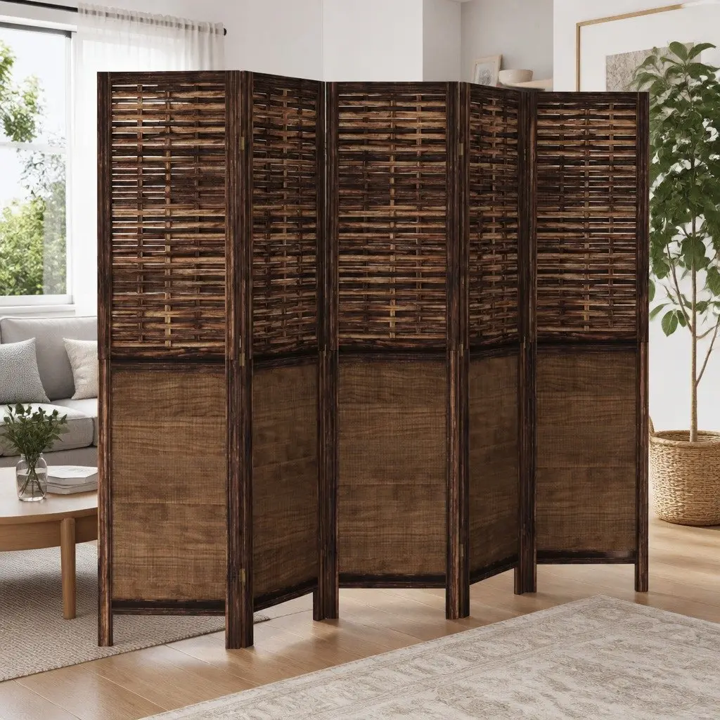 Room Divider Privacy Screen 5 Panels Brown Folding Indoor Decorative Partition