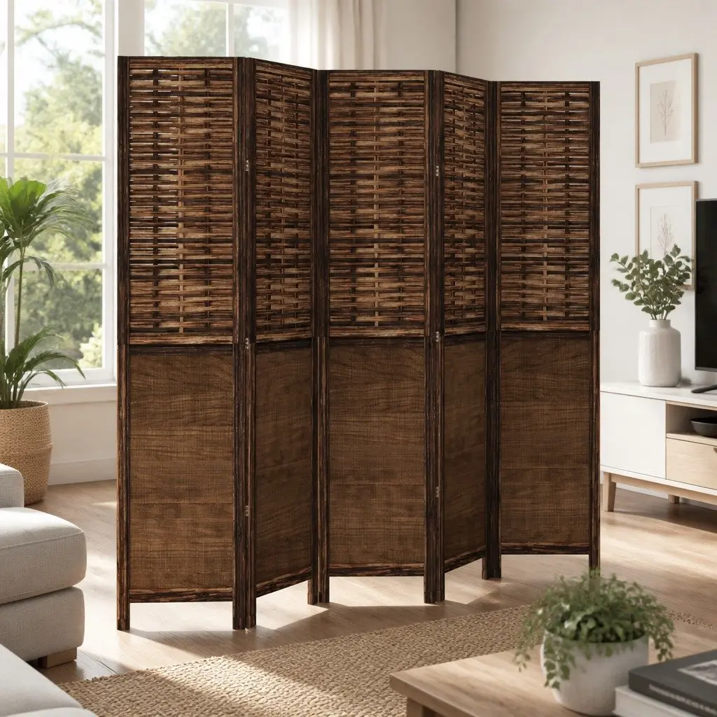 Room Divider 5 Panels Indoor Privacy Screen Brown Solid Wood Paulownia Folding
