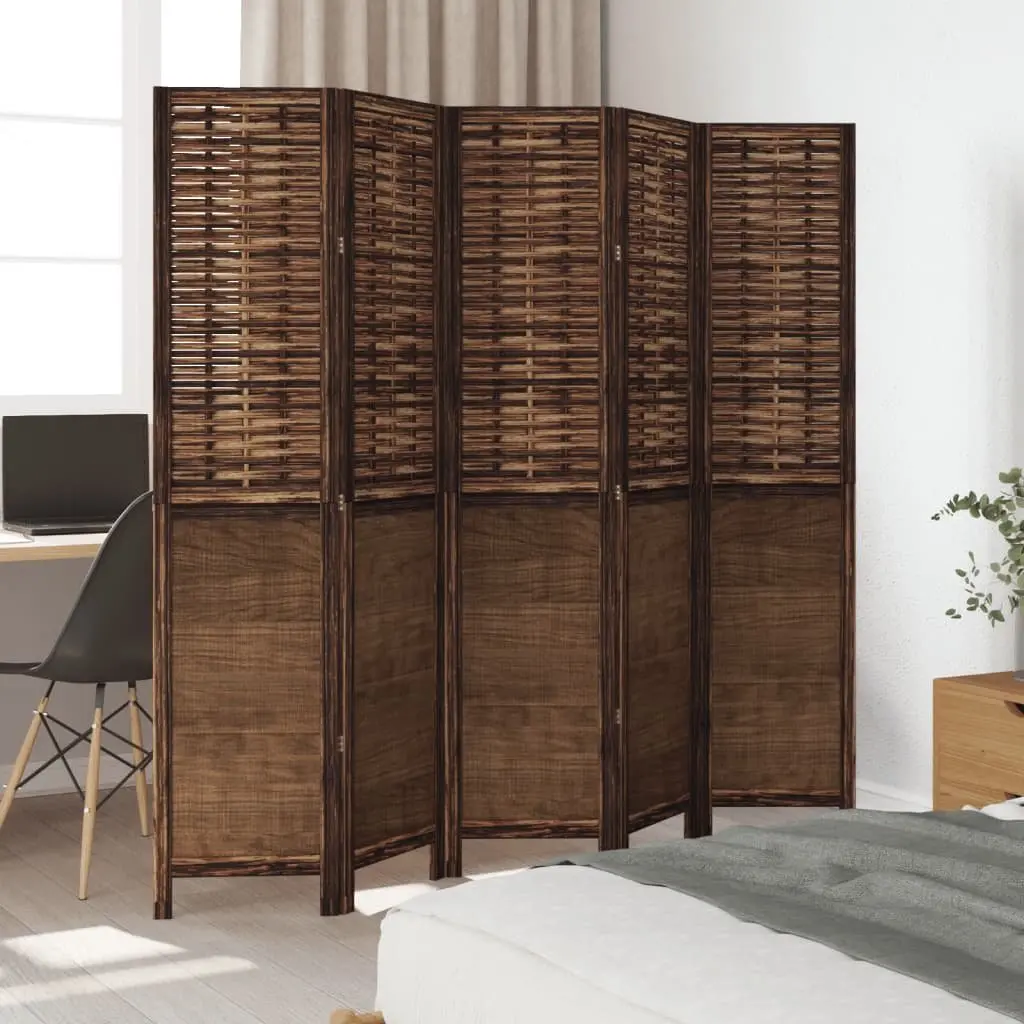Room Divider 5 Panels Indoor Privacy Screen Brown Solid Wood Paulownia Folding