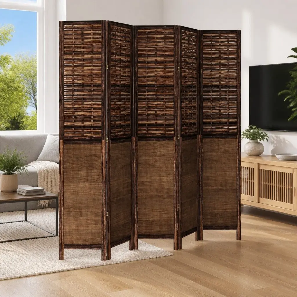 Room Divider 5 Panels Folding Privacy Screen Brown Solid Wood Paulownia