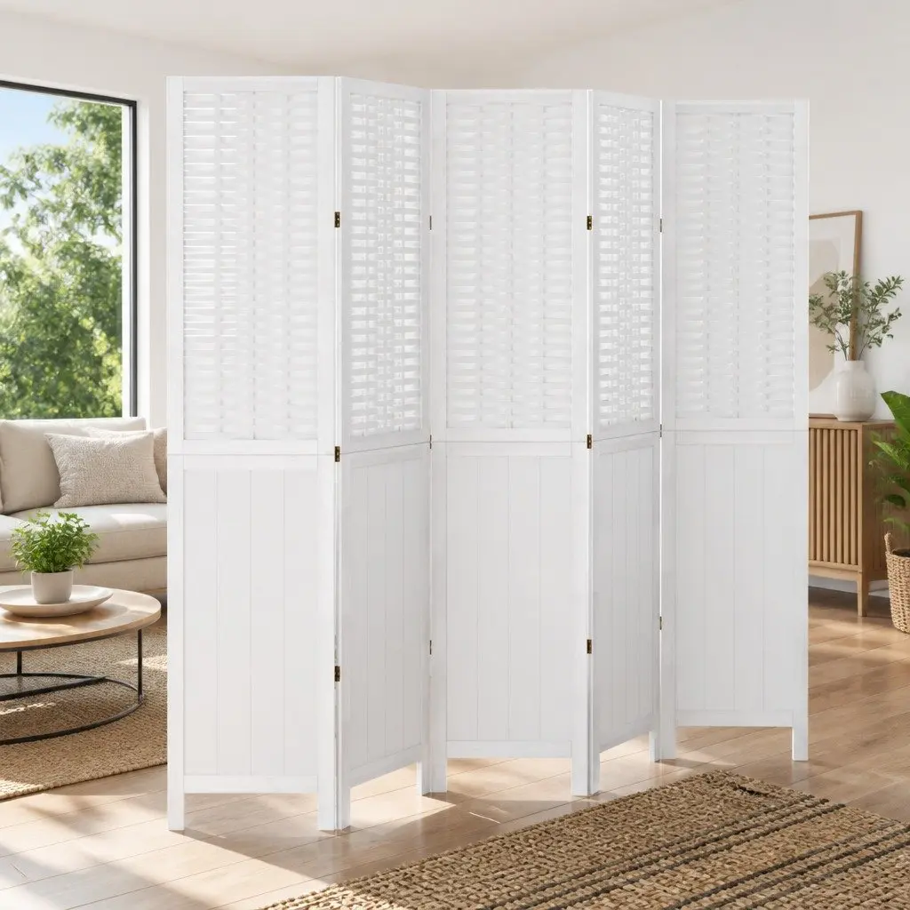 Room Divider Folding Privacy Screen 5 Panels White Indoor Bedroom