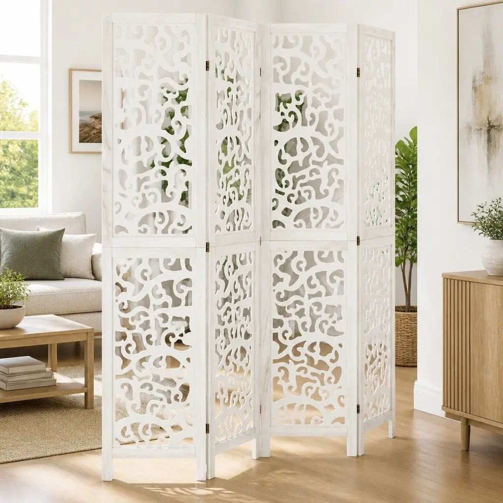 Room Divider Privacy Partition 4 Panel Folding White Paulownia Wood Screen