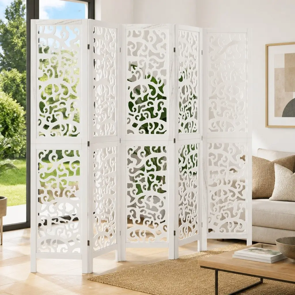 Room Divider 5 Panels White Folding Privacy Screen Partition Indoor