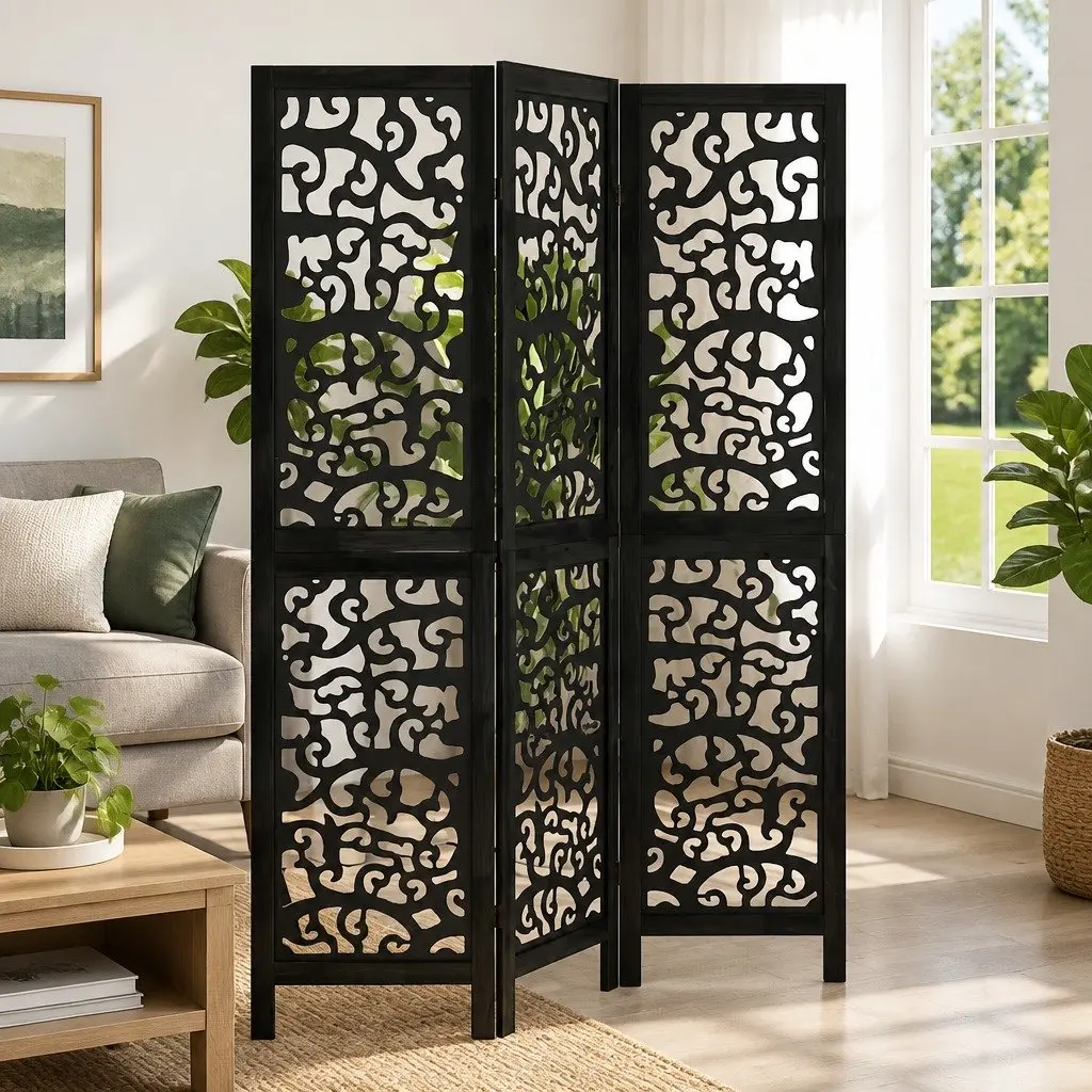 Room Divider Privacy Partition 3 Panel Folding Screen Indoor Decor Black Wood