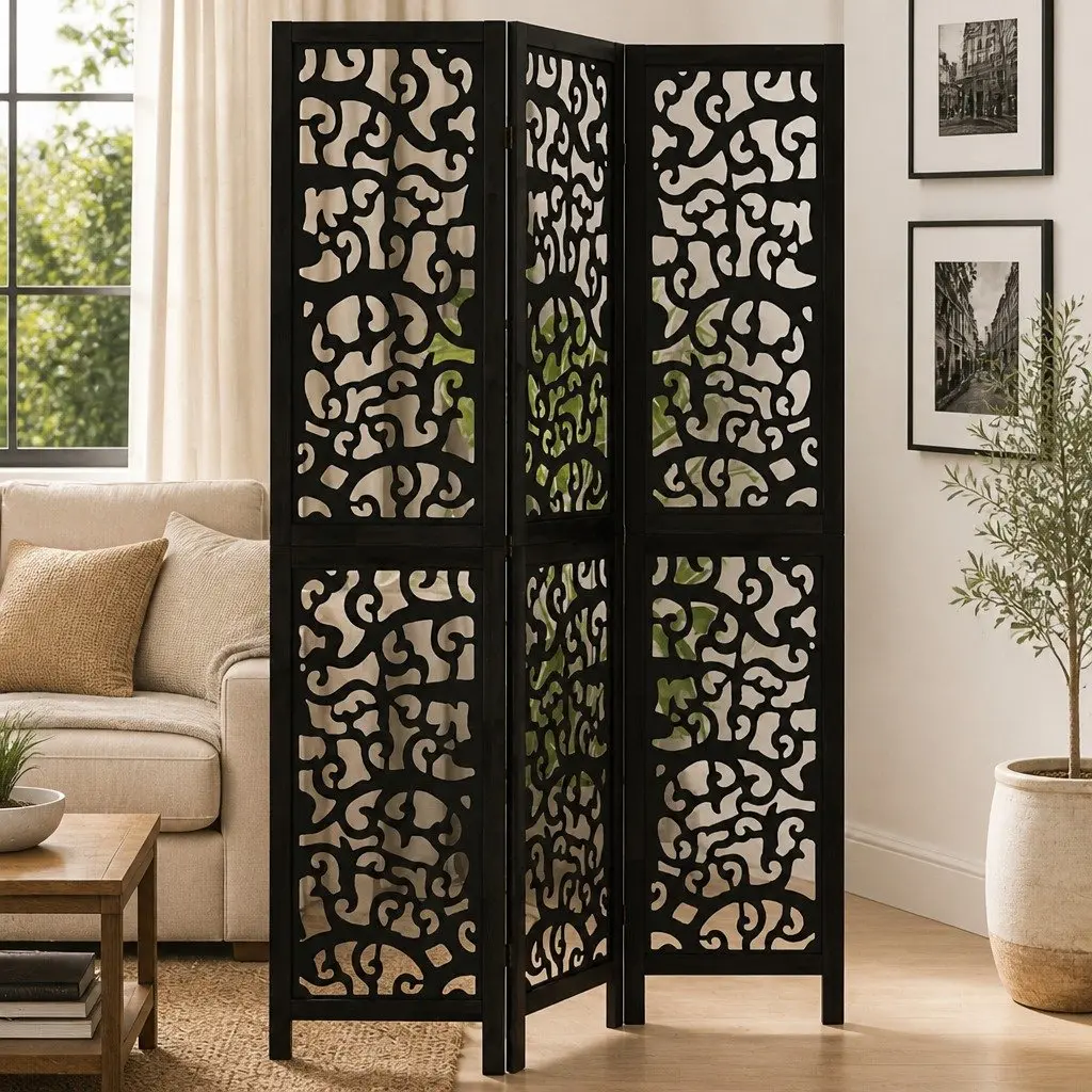 Room Divider Privacy Screen 3 Panels Black Folding Decorative Indoor