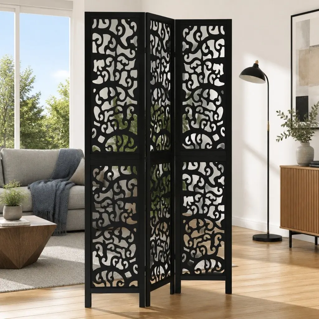 3 Panel Room Divider Folding Privacy Screen Black Indoor Decor