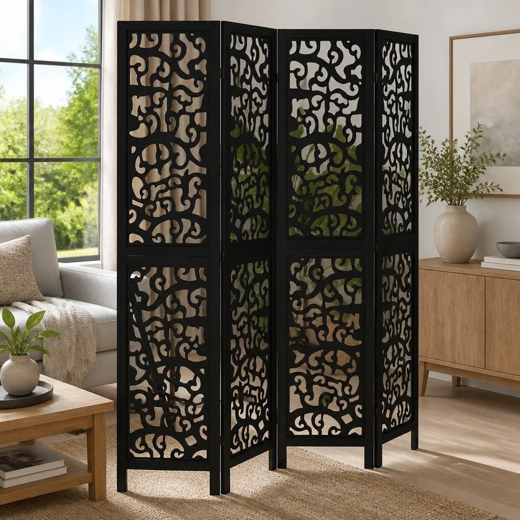 Folding Room Divider Privacy Screen 4 Panel Black Paulownia Solid Wood Partition