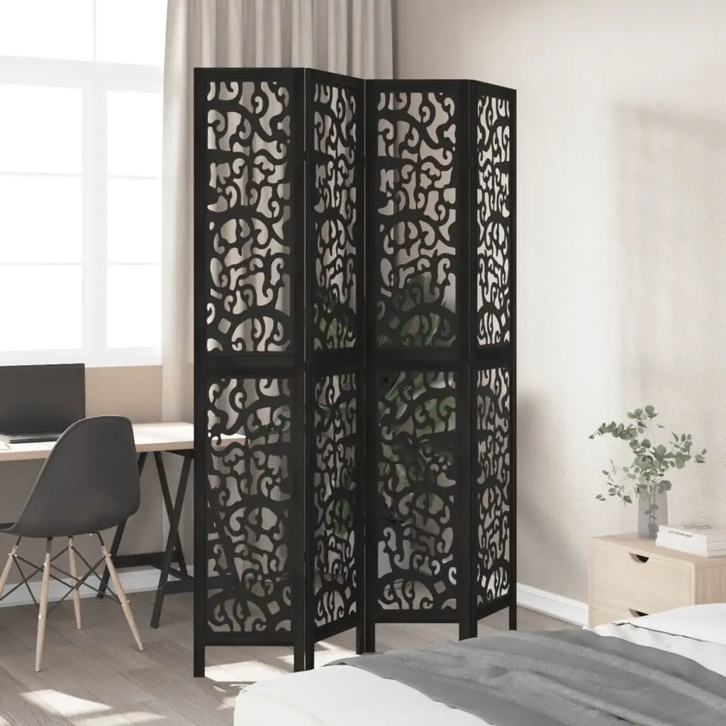 Folding Room Divider Privacy Screen 4 Panel Black Paulownia Solid Wood Partition