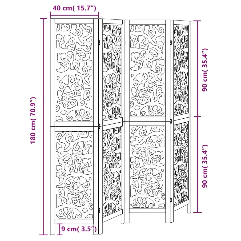 Folding Room Divider Privacy Screen 4 Panel Black Paulownia Solid Wood Partition