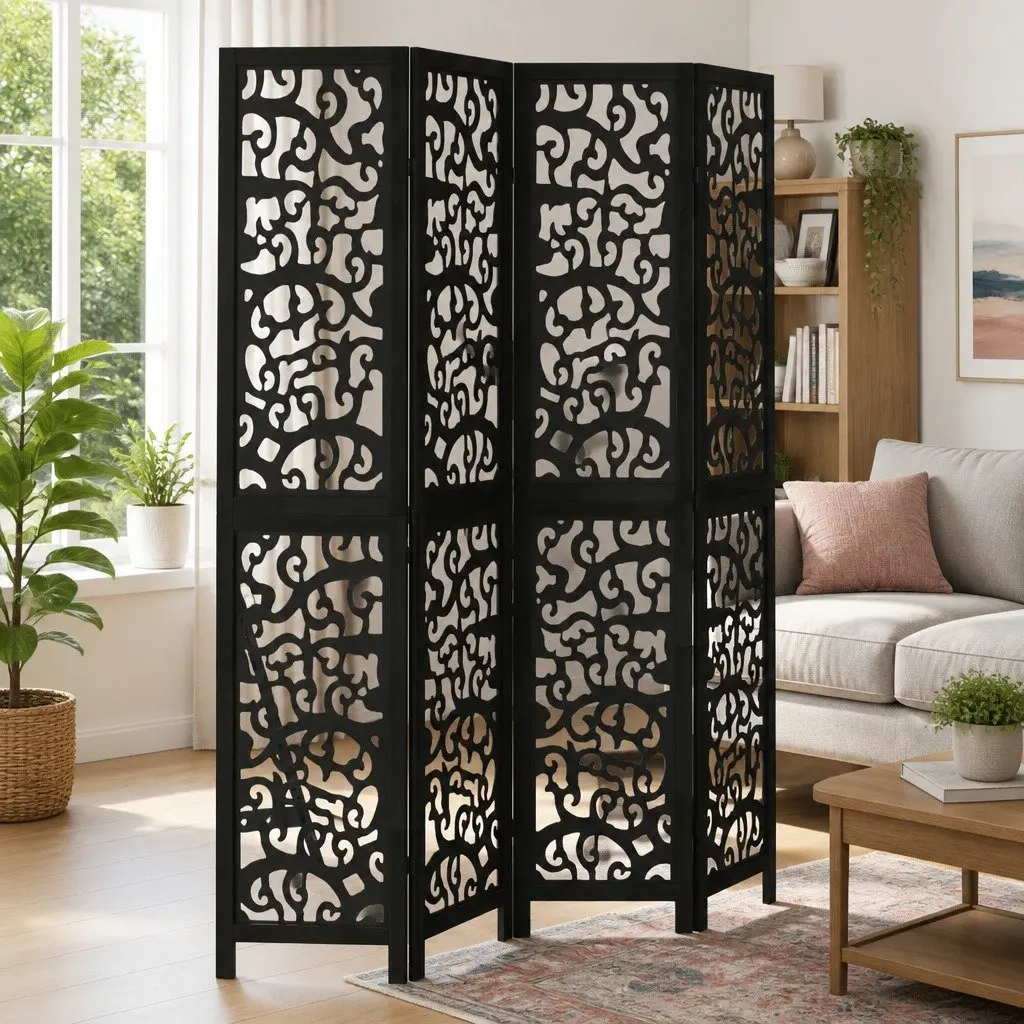 Folding Privacy Screen Indoor Room Divider 4 Panels Black Solid Paulownia Wood