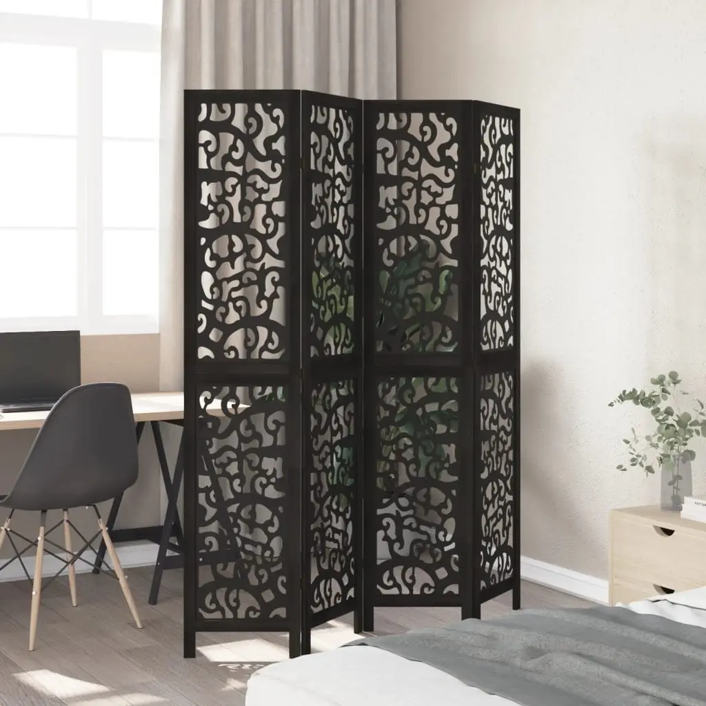 Folding Privacy Screen Indoor Room Divider 4 Panels Black Solid Paulownia Wood