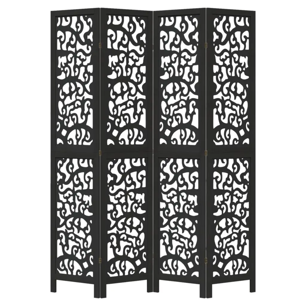 Folding Privacy Screen Indoor Room Divider 4 Panels Black Solid Paulownia Wood