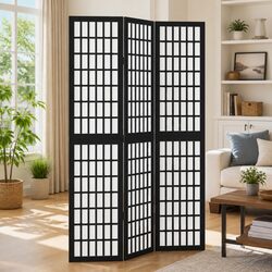 Room Divider 3 Panels Black Paulownia Wood Folding Privacy Screen Partition