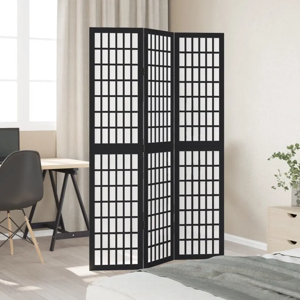 Folding Privacy Screen Room Divider Black 3 Panels Paulownia Wood