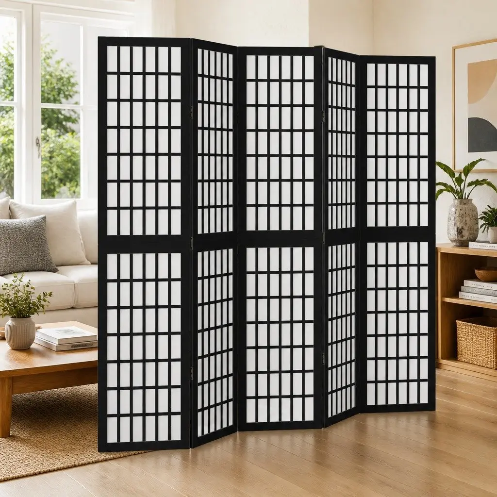 Room Divider Privacy Partition 5 Panel Black Paulownia Wood Folding Screen
