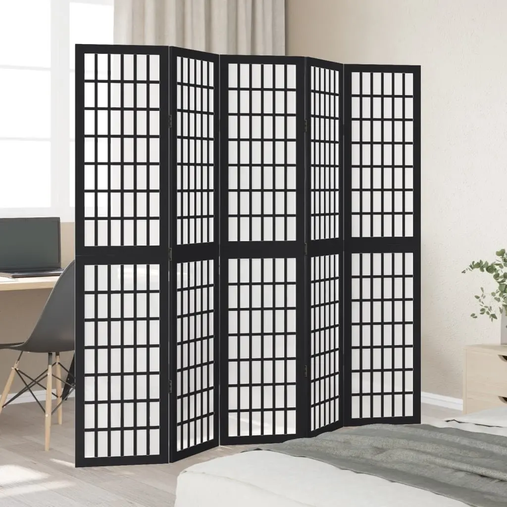 Room Divider Privacy Partition 5 Panel Black Paulownia Wood Folding Screen