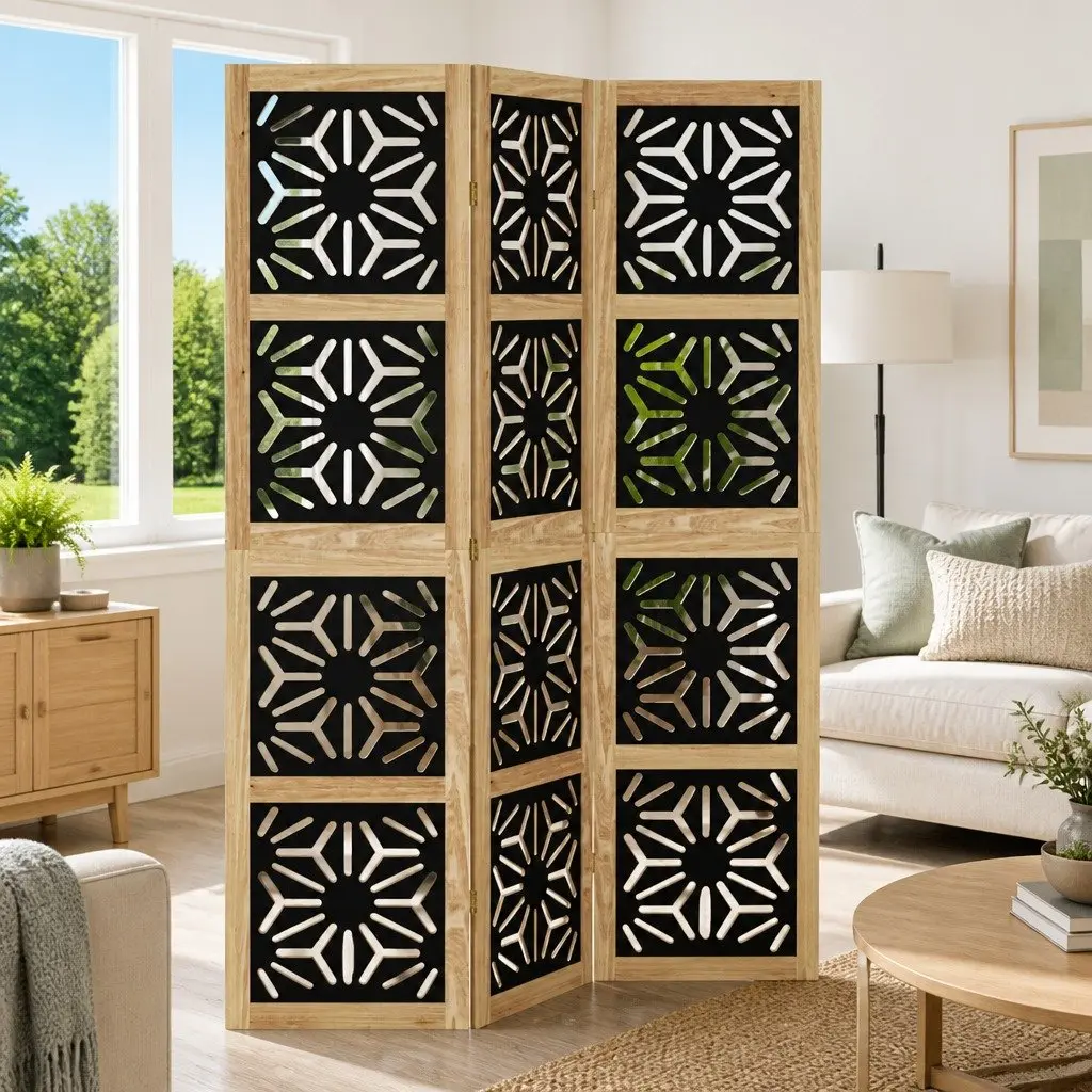 Room Divider Folding Privacy Screen 3 Panels Indoor Partition Brown Black
