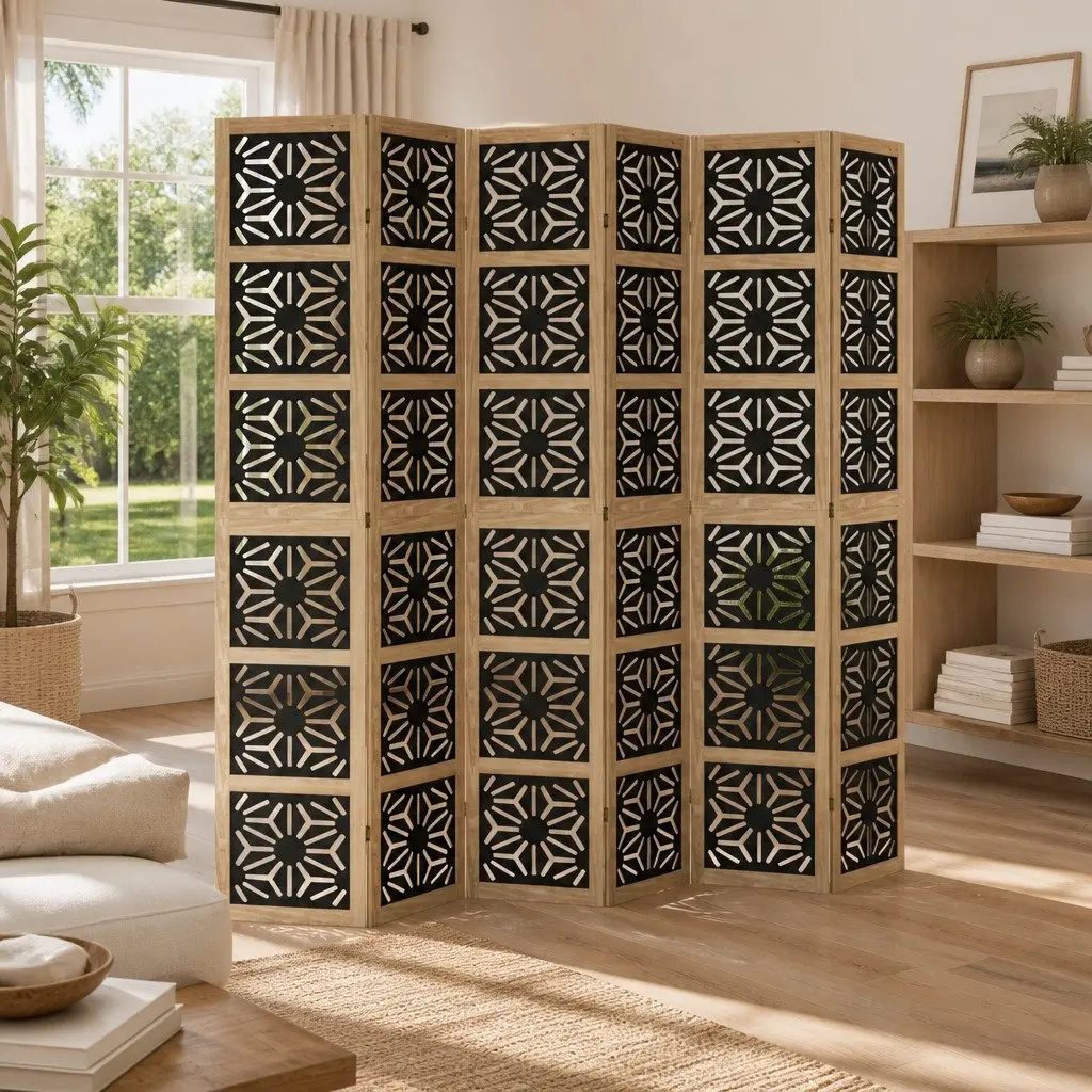 Room Divider Folding Privacy Screen 6 Panel Indoor Brown Black