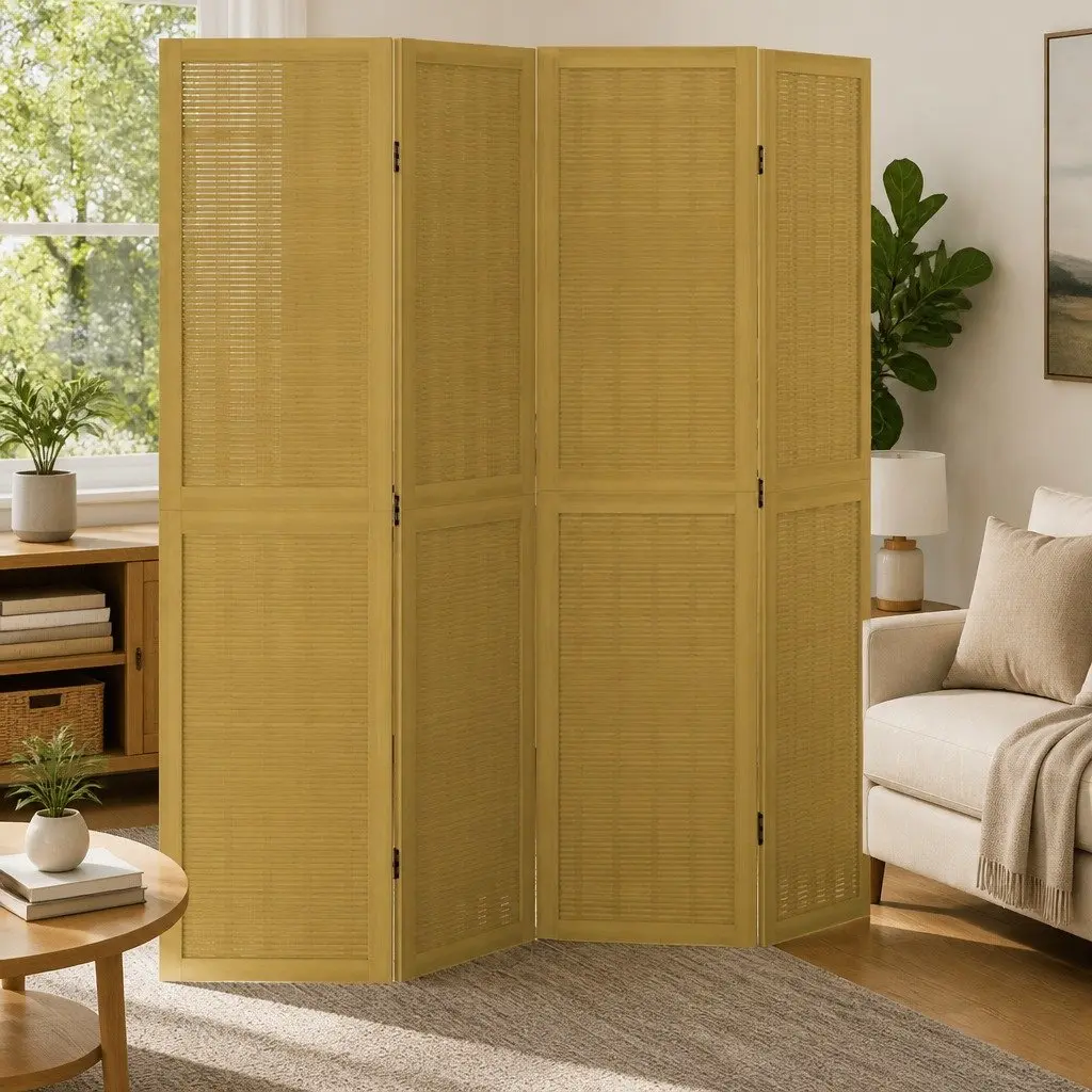 Room Divider Privacy Screen 4 Panels Folding Brown Bamboo Paulownia Wood