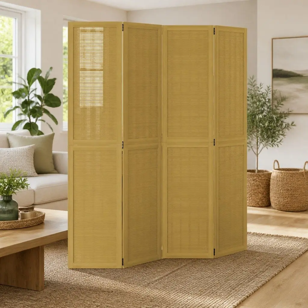 Room Divider Privacy Screen 4 Panels Brown Folding Wood Frame Indoor