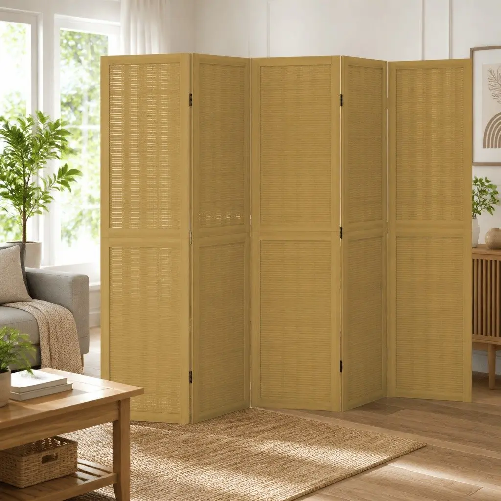 Room Divider Privacy Screen 5 Panels Brown Paulownia Wood Folding Partition