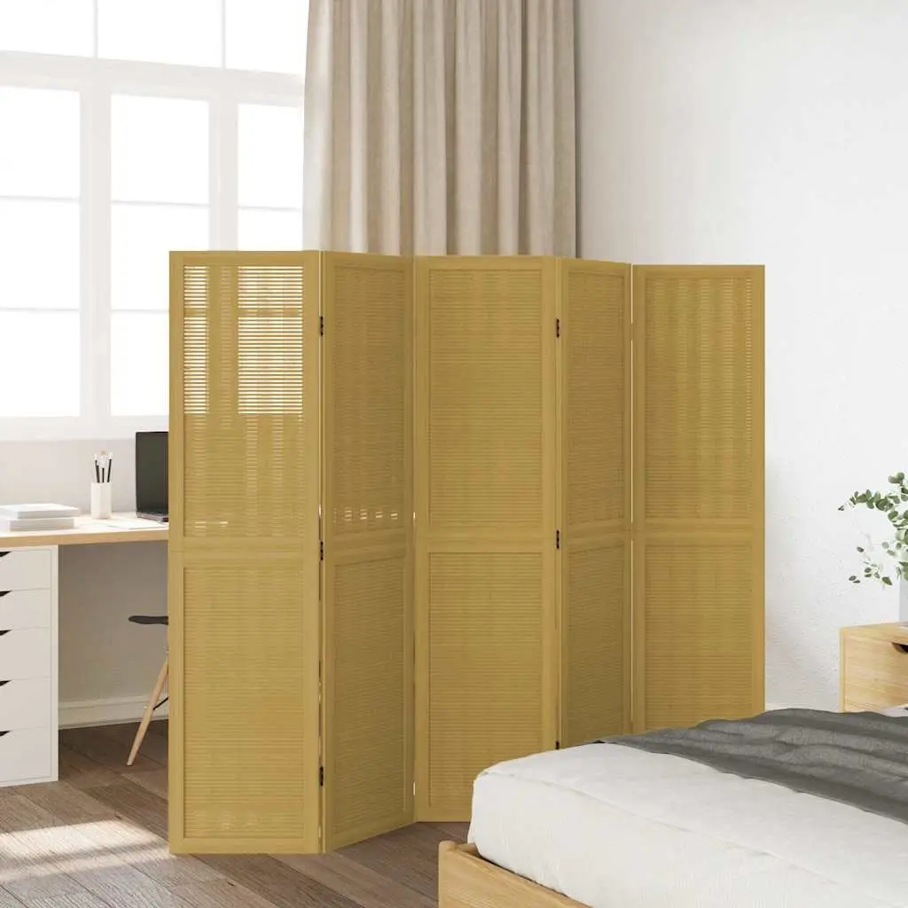 Room Divider Privacy Screen 5 Panels Brown Paulownia Wood Folding Partition