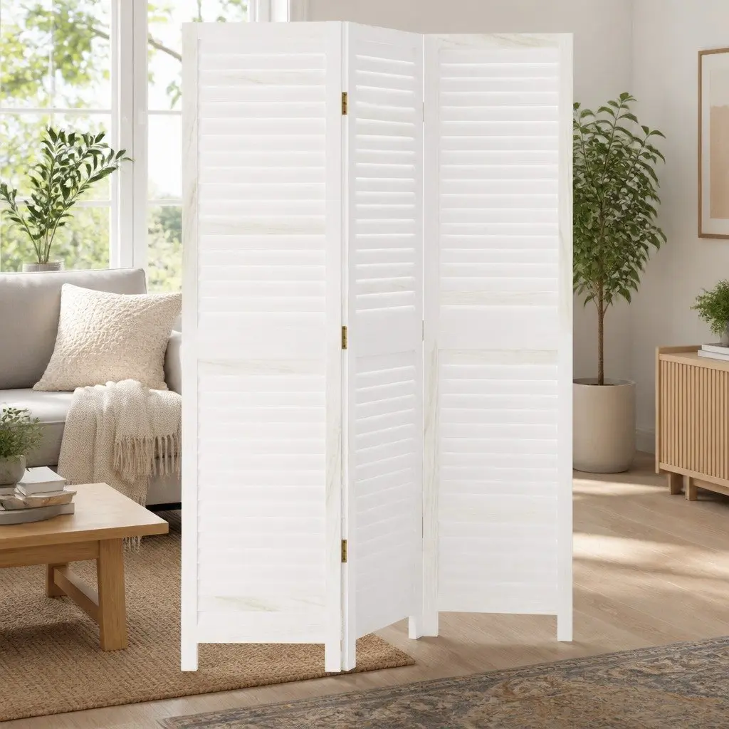 Folding Privacy Screen 3 Panels White Solid Paulownia Wood Room Divider