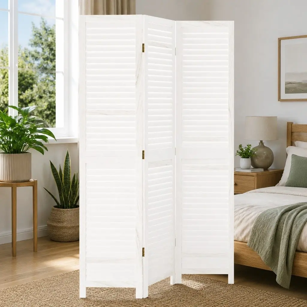 Room Divider Folding Privacy Screen 3 Panels White Solid Wood