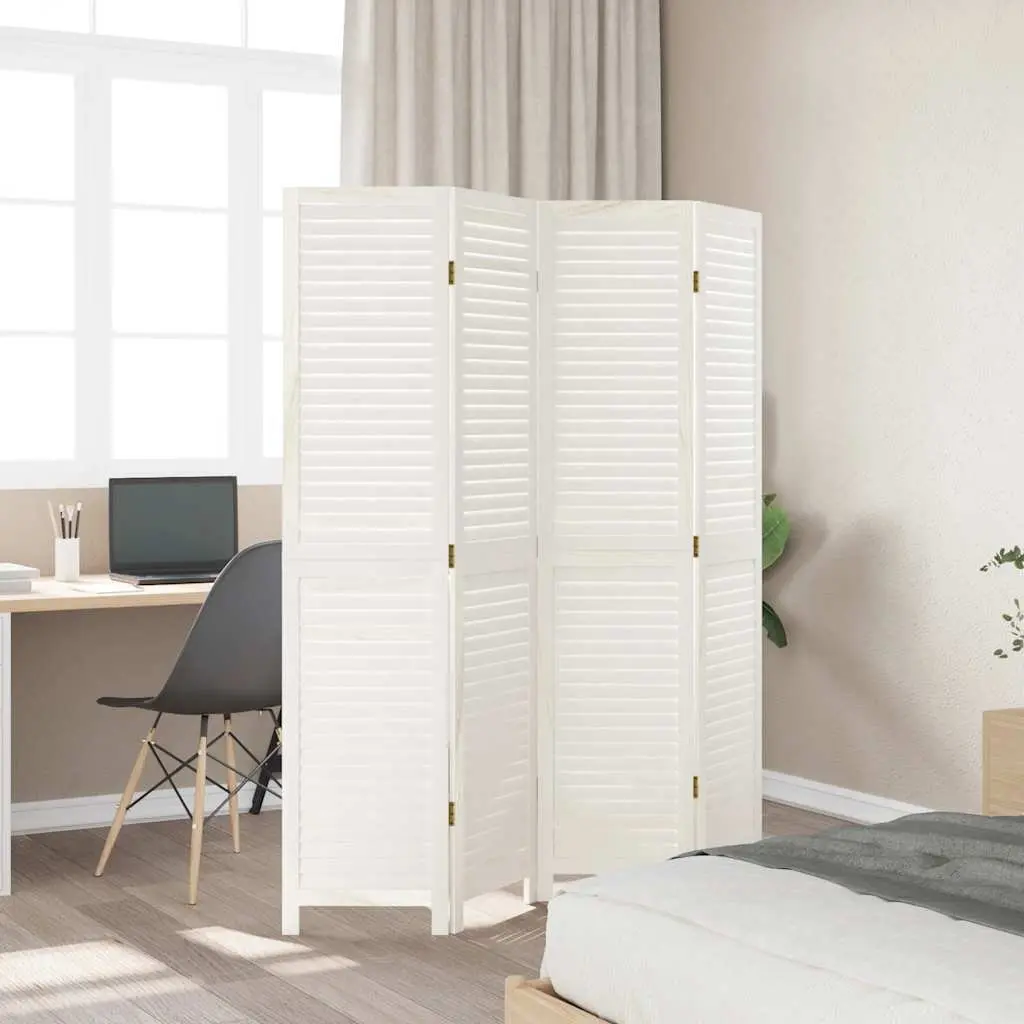 Folding Privacy Screen Room Divider 4 Panels White Solid Paulownia Wood