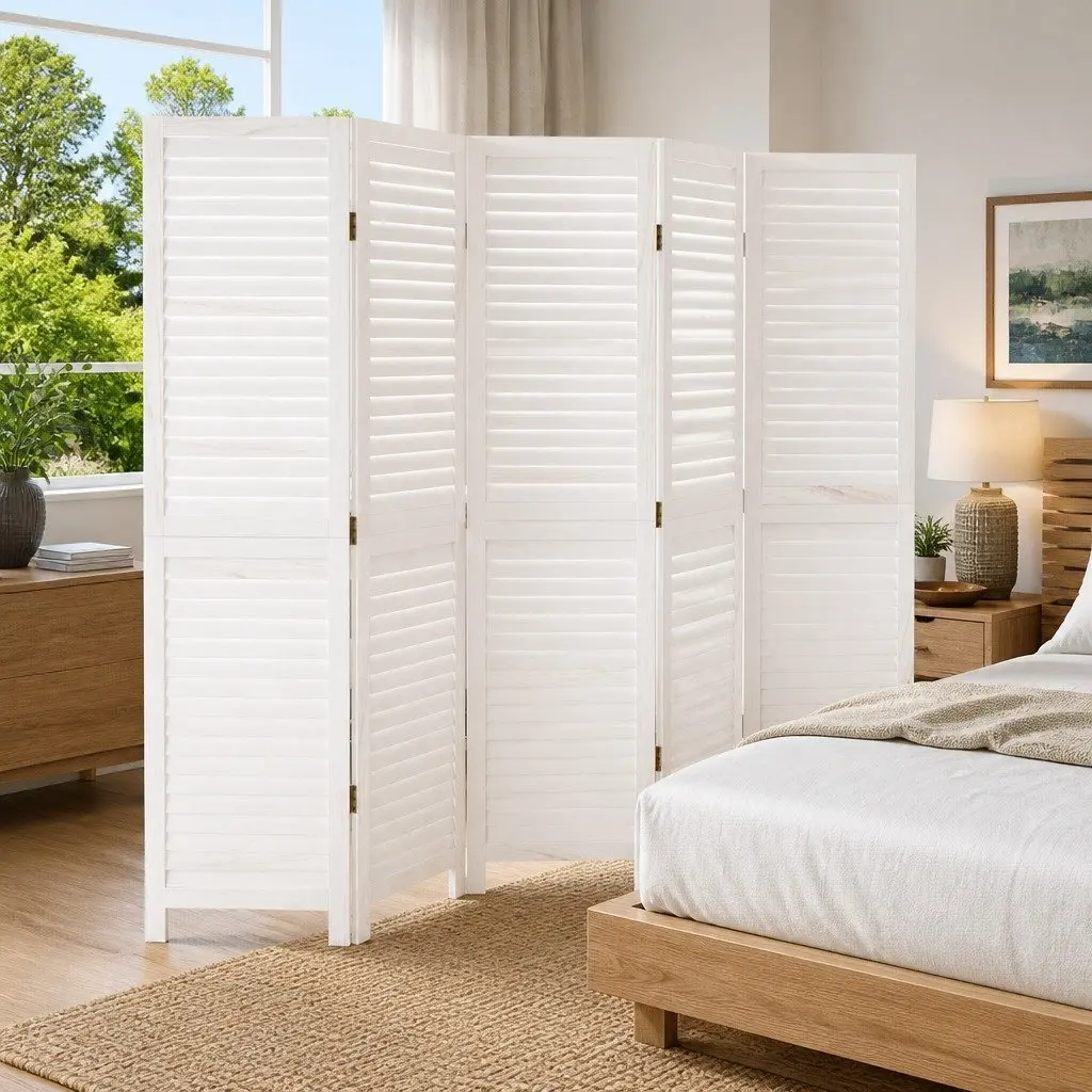 Room Divider 5 Panel Folding Privacy Screen Partition White