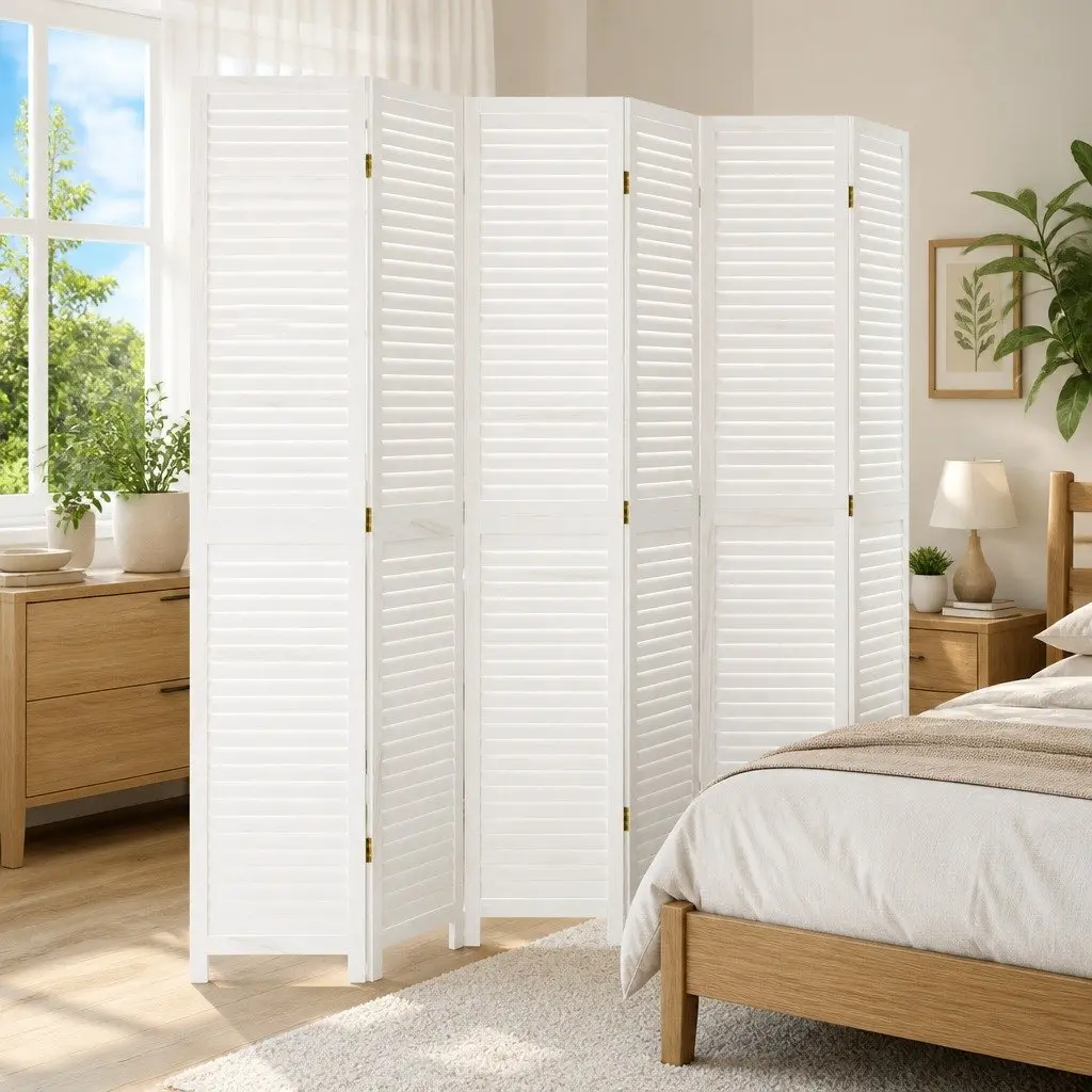Folding Privacy Screen Room Divider 6 Panels White Solid Paulownia Wood Partition