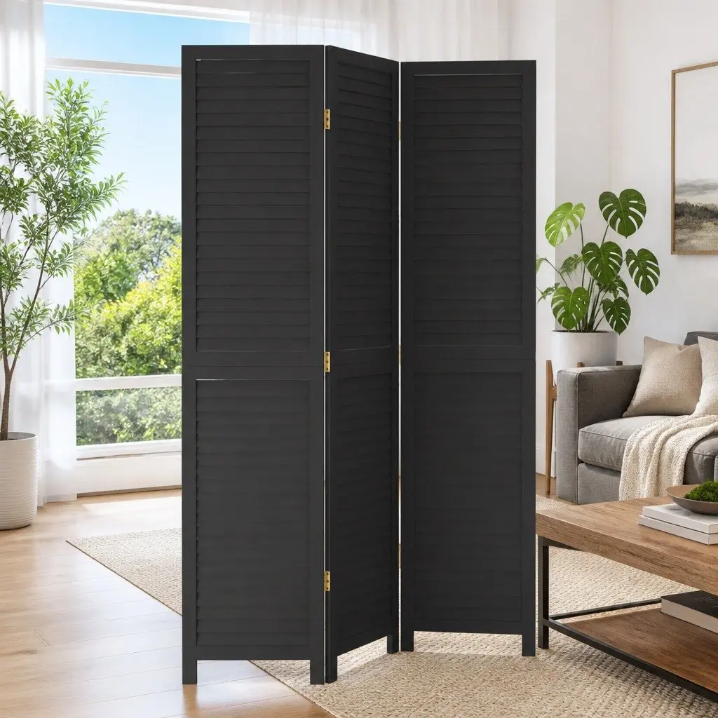 Room Divider Privacy Partition 3 Panels Black Solid Wood Folding Screen Indoor