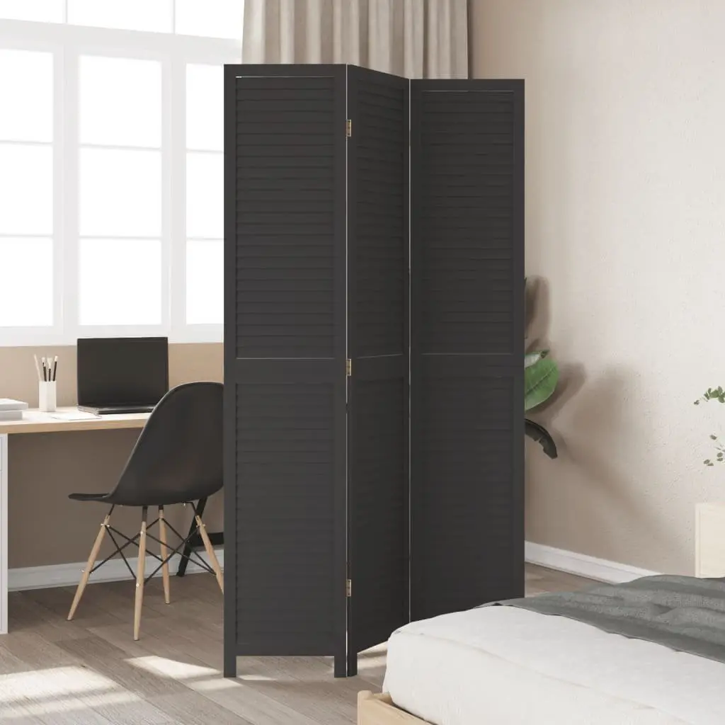 Room Divider Privacy Screen 3 Panels Black Solid Wood Folding