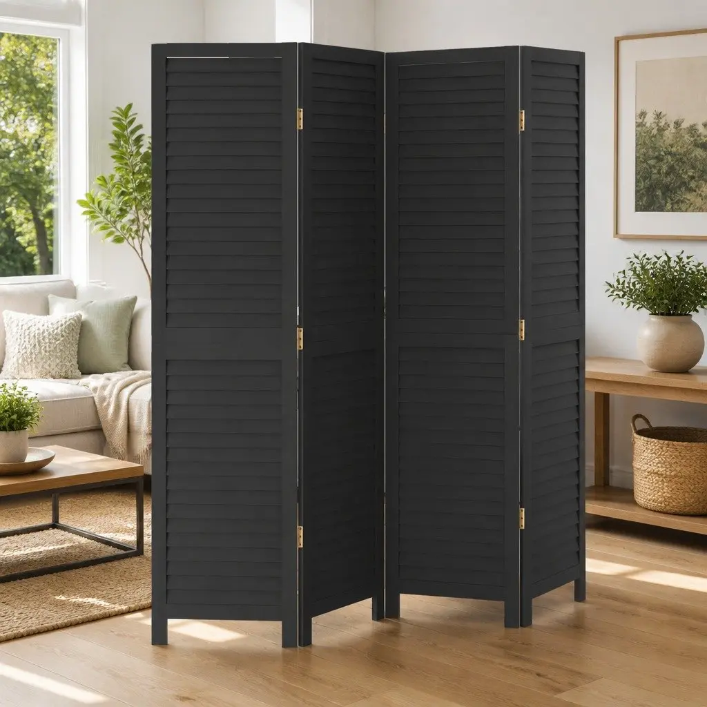 Folding Privacy Screen Room Divider 4 Panels Black Solid Paulownia Wood