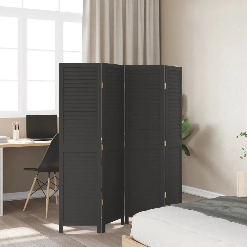 Folding Privacy Screen Room Divider 4 Panels Black Solid Paulownia Wood