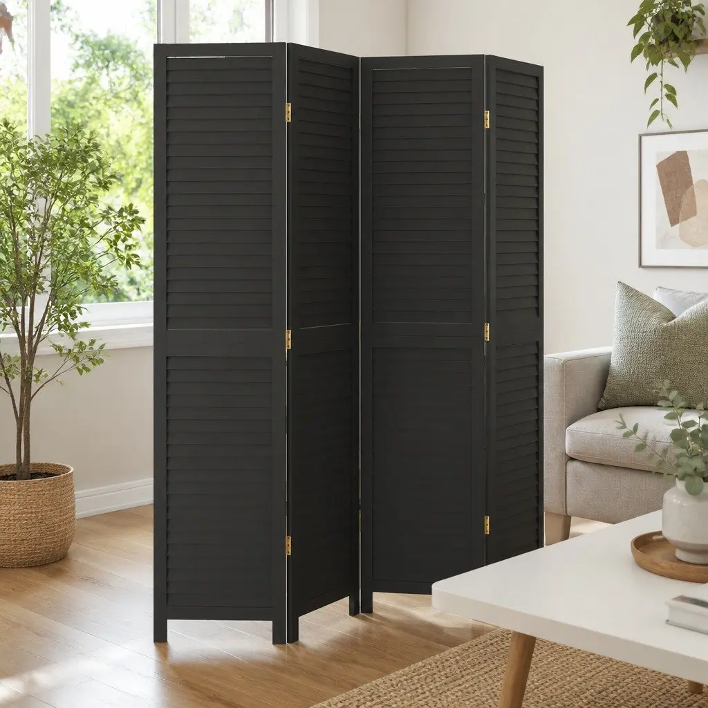 Room Divider Folding Privacy Screen 4 Panels Black Solid Wood