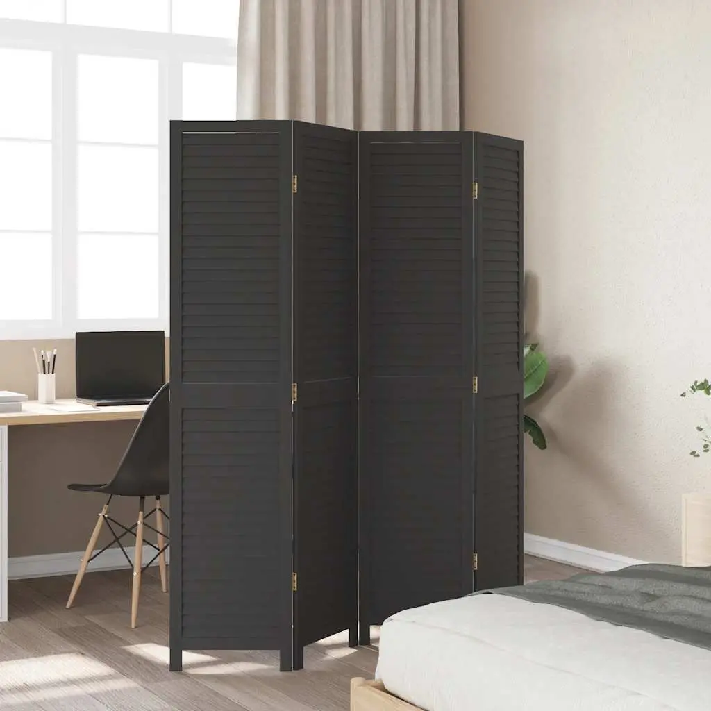 Room Divider Folding Privacy Screen 4 Panels Black Solid Wood