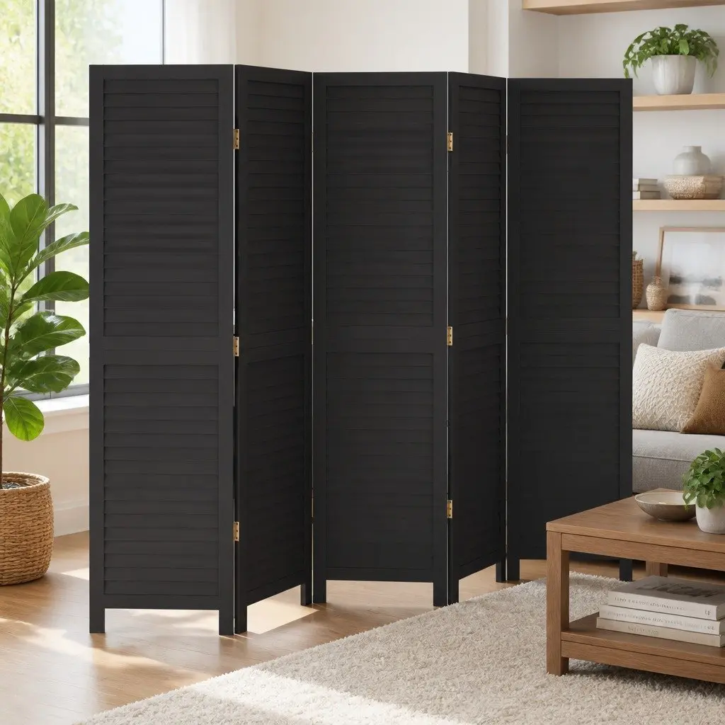 Room Divider Privacy Screen 5 Panels Black Solid Wood Paulownia Folding