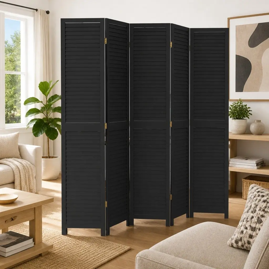 Room Divider Folding Privacy Screen 5 Panels Black Solid Wood