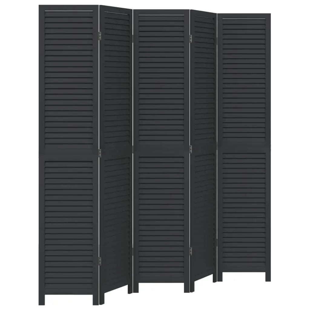 Room Divider Folding Privacy Screen 5 Panels Black Solid Wood